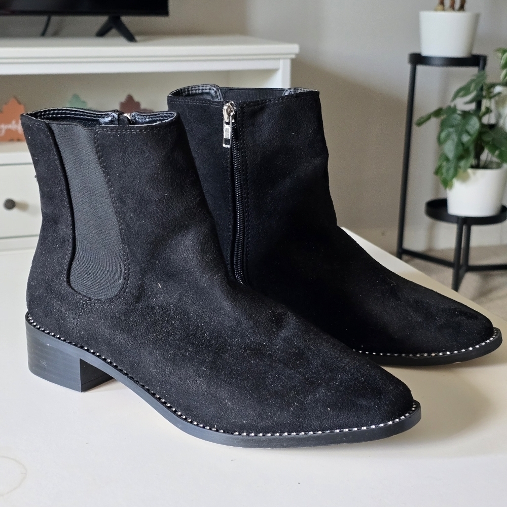 Bebe Elegant Black Suede Leather Ankle Boots With Rhinstones Embellishment